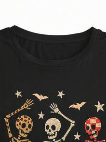 2025 Halloween Retro Dancing Skeleton Print Crew Neck T-Shirt, Spooky Season, Leopard Plaid, Daily Outdoor Wear, Fall Clothes For Women, Y2k, Streetwear, Halloween Clothes