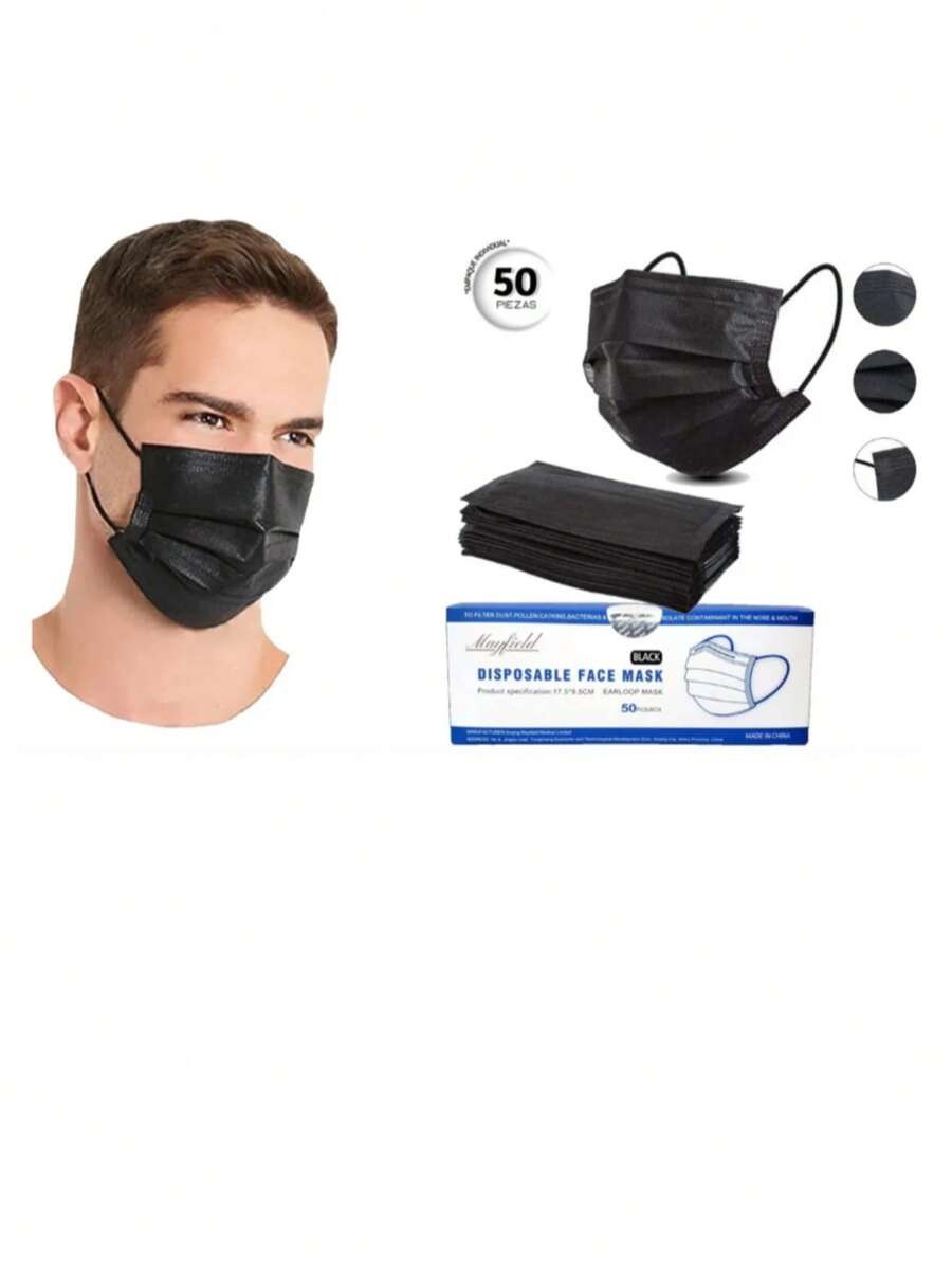 Cubrebocas Tricapa De Polipropileno en Caja de 50 piezas - Negro - Ver 1