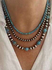 Vintage Beaded Necklace, Retro Western Style Turquoise Necklace Suitable For Women, Handmade Multilayer Beaded Jewelry Set Of 3, Versatile Accessory - Multicolor - View 13