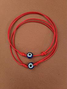 RINTOLER 2pcs Minimalist Creative Eye Design Couple Bracelets Set, Fashionable Red Rope Bracelet Set, Gift, Adjustable Size - Red - View 5