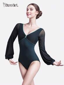 DonsGirl 1 Piece Women's Ballet Leotard - Elegant Bow Neck & Lantern Sleeves | Perfect For Dance Performance, Gymnastics, Ice Skating - 藏蓝色 - 查看 8