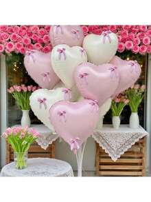 42pcs 18-Inch Cream White & Pink Heart & Bow Foil Balloons, Birthday Party Decor, Theme Party Decor, Celebration Party Decor, Valentine's Day, Wedding, Engagement, No Power Required