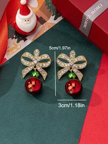 1 Pair Elegant Christmas Earrings, Ribbon Bow Design Zinc Alloy With Glass Rhinestone And Colorful Beads, Suitable For Women To Celebrate Christmas, New Year Party And Festival
