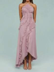 Awevudst Women Ruffle Hem Pleated Sheer Mesh Long Maxi Dress Sleeveless Halter Neck Irregular Tiered Flowy Long Maxi Dresses For Wedding Guest Summer Holiday Beachwear - Bụi hồng - Xem 4