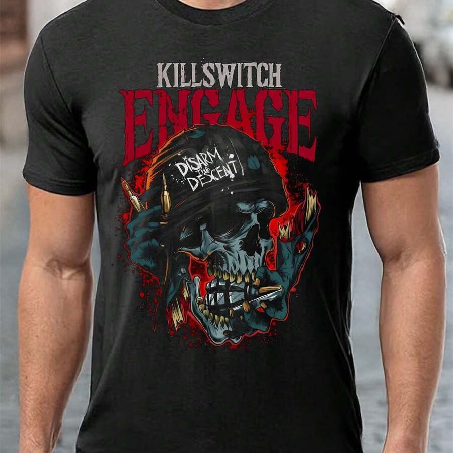 Killswitch Engage Skull Graphic T-Shirt For Men - Soft Black Crew Neck Tee With Bold "ENGAGE" Print & Unique Skull Design, Comfortable Summer Casual Wear, Machine Washable, Casual Summer Tee | Casual Streetwear | Machine Washable Shirt, Skull Shirt - 黑色 - 查看 1