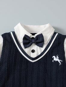 4-7 Years Old Boys' British Style Suit, Exquisite White Horse Embroidery Collar Knitted Collar Long Sleeve Top + Solid Color Straight Leg Pants Set, Essential For Back To School In Autumn/School Style/School Activities/Daily Wear - Navy - View 3