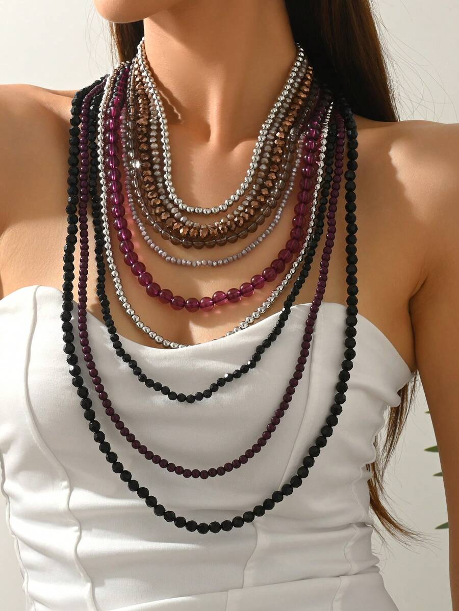 2pcs/Set Retro Bohemian Multi-Color Beaded Layered Necklace, Versatile Fashion Accessory For Women - Multicolor - View 1