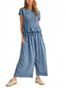 Womens Early Autumn 2 Piece Outfits Grapple Tops Elastic Waist Wide Leg Pants With Pockets Casual Boho Lounge Matching Sets - 霧霾藍 - 查看 2