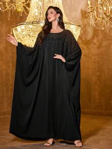 UNITHORSE 女装圆领长袖重工烫钻缎面长款气质晚礼服 - 黑色 - 查看 5