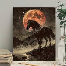 1 Pc Canvas Painting,Black Horse Under The Full Blood Moon Canvas Art Print -  Wall Decoration With Gothic Style , Wooden Framed Art,High Quality ,Anxiety Calming Abstract Art - Rental Friendly Canvas Set For Bedroom - Therapy Decor To Heal Your Space,Thickness 2. 25cm/1inch Wall Art Prints Poster Direct Hanging Decor For Home Gifts,Rental Friendly Items,Living Room, Bathroom, Bedroom, Kitchen,Bar,Office,Small Space Solution,Therapy Decor - Black - View 3