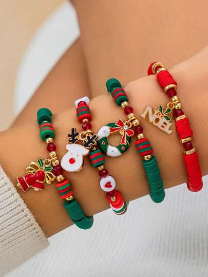 Set de 4 piezas de pulseras de cuentas de arcilla suave con diseños coloridos de Papá Noel, renos y copos de nieve, en un estilo lindo y dulce, accesorio de moda para uso diario y regalo creativo para fiestas
