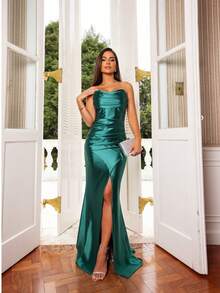 Strapless Dress For Parties, Formal Events, Dinner, Cocktail, Wedding Guest - Emerald Green - View 2