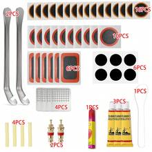 全套53个高品质自行车轮胎修补套件：配备多种工具，包括耐用硫化补片和金属磨料盘，可快速修复爆胎问题，适用于所有自行车，包括摩托车、BMX、山地车、公路车（图案随机）