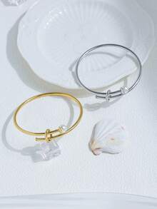 1pc Elegant Casual Faux Pearl Decor Stainless Steel Bangle Easily Matched Cuff Bracelet Classic Golden Or Silvery Jewelry Accessories For Women For Daily Wear