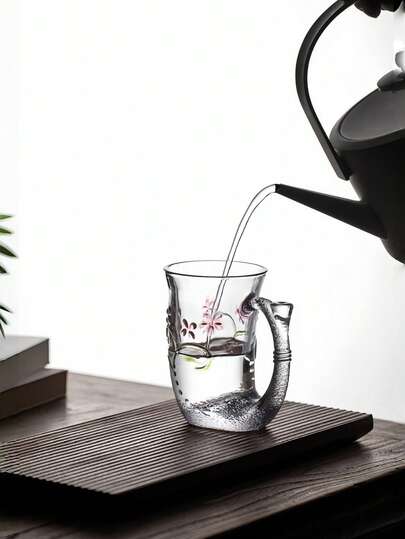 كوب بنقش زهري على شكل حورية البحر، كوب زجاجي فاخر بمقبض على شكل حورية البحر مع نقش ثلاثي الأبعاد للزهور، كوب مياه إبداعي عالي الجودة، كوب عصير أو حليب أو شاي للمنزل والمطعم