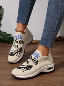 Women's Breathable Mesh Printed Casual Shoes, Comfortable Spring And Summer Mesh Walking Shoes - Khaki - View 2