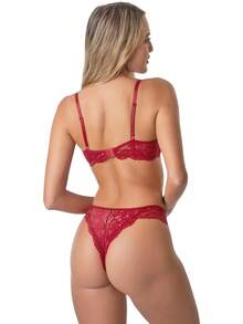 Lace Lingerie Set: Underwired Bra With Lining And Veronica Thong Panties - 紅色 - 查看 2