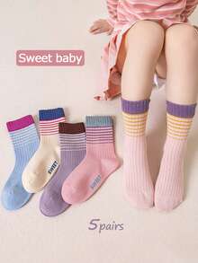 5 Pairs Girls' Colorful Striped Crew Socks (Ages 3-12) - Soft, Comfortable And Versatile Mid-Calf Socks For Girls, Suitable For Sports, Travel And Daily Wear