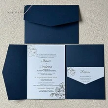 25pcs Tri-Fold Pocket Wedding Invitation Cards With Envelopes, Simple Invitation Cards For Engagement, Christening, DIY Invitations, 5*7 Inch Invitations, Pocket Invitations, Customized Invitations, Christmas Cards - Navy Blue - View 10