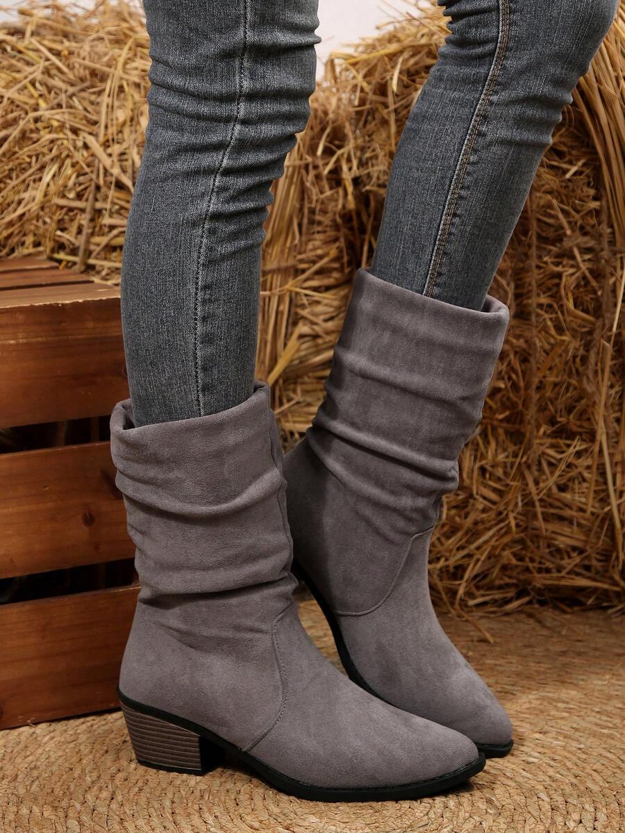 Jesienno-zimowe damskie buty zamszowe w stylu vintage, plisowane, z szerokimi noskami, grube obcasy, buty jeździeckie z kwadratowymi noskami, styl zachodni, na imprezę - Szary - Zobacz 1