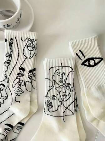 3 Paar abstrakte Linienzeichnung Unisex Socken, schwarz & weiß vielseitige Knöchelsocken