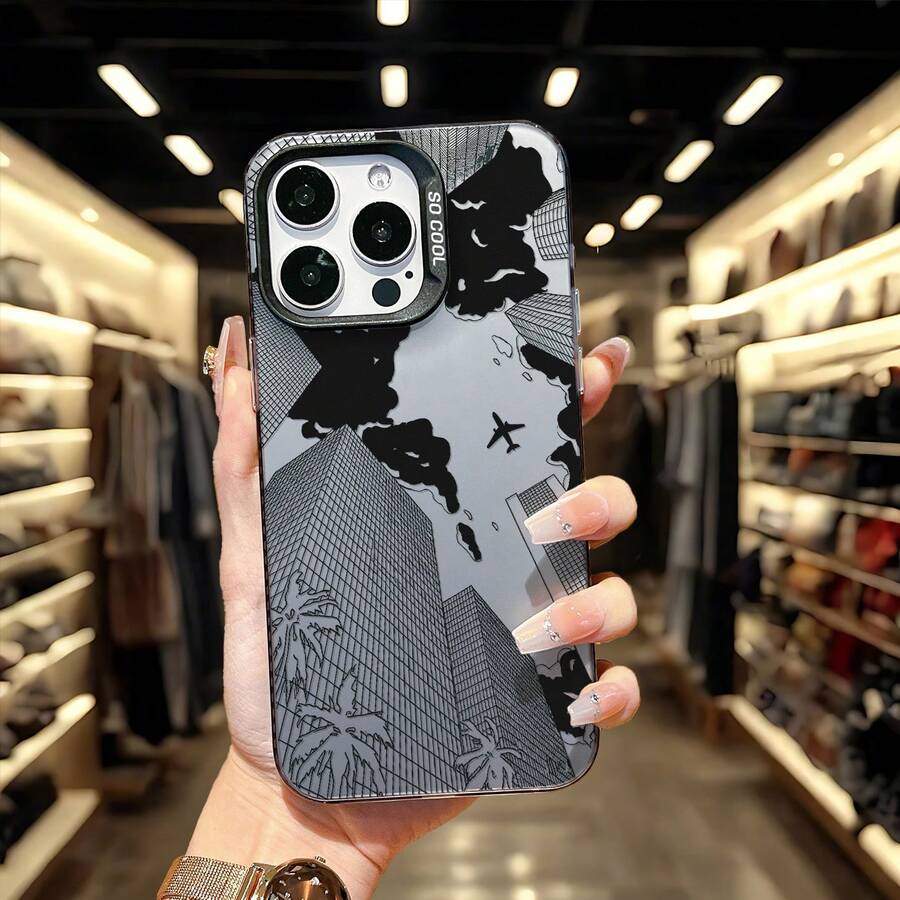 Black Urban Minimalist Style Phone Case, Compatible With Iphone 16 Pro Max/15 Pro/14 Plus/13/12/11 Pro Max, Matte Finish Masked Man Design, Anti-Drop Phone Protective Cover, Minimalist & Chic - Black Frame Silver Gray - View 1