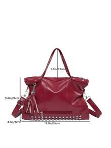 Fashionable New Women's Large Capacity Tote Bag, Minimalist Streetwear Style With Rivet Decor, Multiple Pockets, Zipper Closure, Tassel Pendant, Metal Zipper, Versatile For Travel, Shopping, Commuting