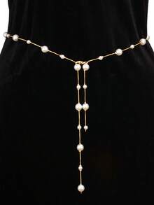 1pc Women's Fashionable Simple Silver Pearl Waist Chain, Sexy Accessory For Dresses, Single Layer Metal Body Chain Summer, School Fall, Autumn, Halloween - Silver - View 13