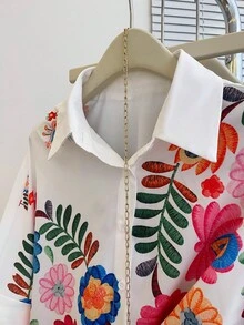 女士印花蝙蝠袖短袖休闲度假宽松衬衫，夏季白色 - 白色 - 查看 5