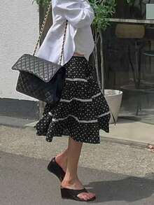 Women's New Polka Dot Drawstring Layered Ruffle Hem Versatile Skirt - Black - View 5