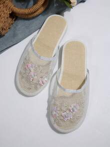 白色露背穆勒拖鞋，透氣編織刺繡平底套腳鞋，優雅休閒室內/室外舒適平底涼鞋，夏季鞋款 - 白色 - 查看 5