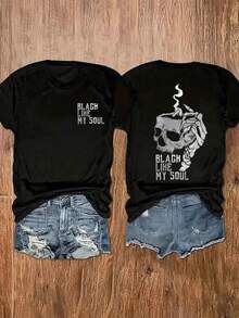 Ladies' T-shirt, printed with "Black is like my soul", casual round neck, 100% cotton T-shirt, slightly elastic, 220g ladies' short sleeves, regular version, suitable for all seasons, classic holiday gift T-shirt. - Negro - Ver 1