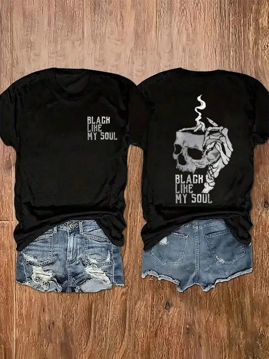 Ladies' T-shirt, printed with "Black is like my soul", casual round neck, 100% cotton T-shirt, slightly elastic, 220g ladies' short sleeves, regular version, suitable for all seasons, classic holiday gift T-shirt. - Negro - Ver 1