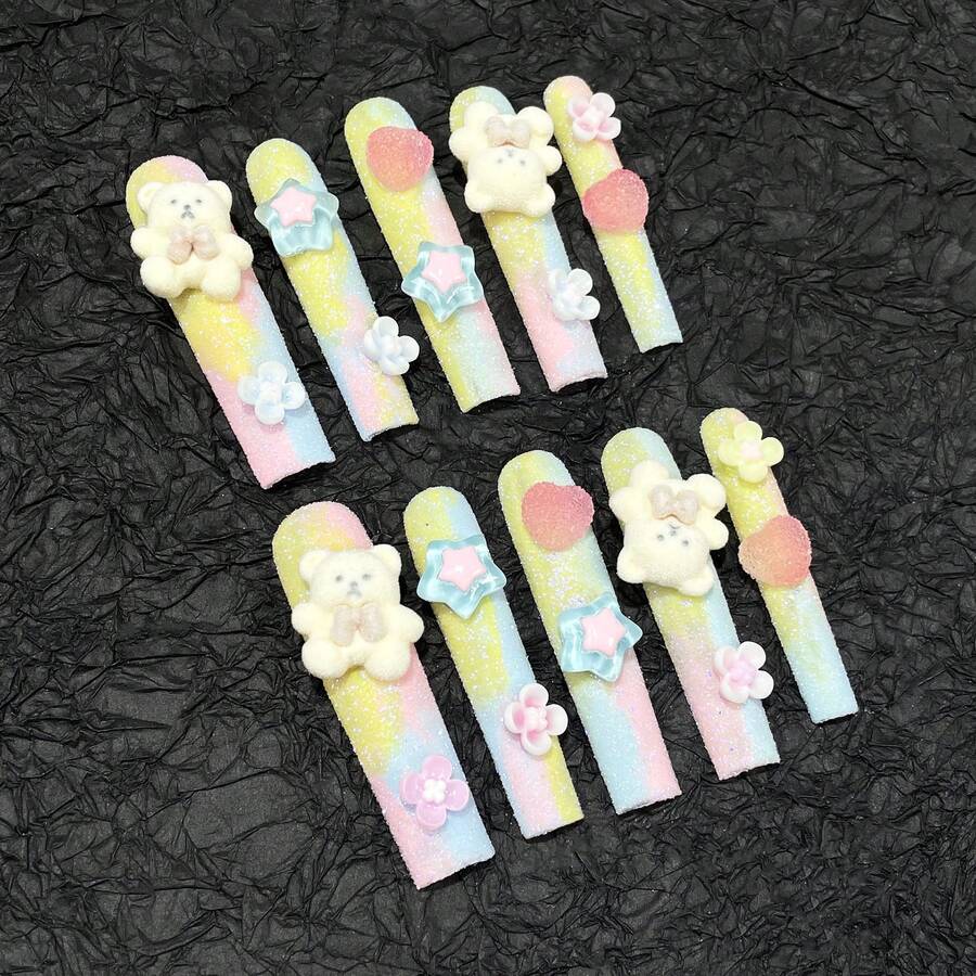 10 Pieces/Set Super Long Water Pipe Nails Macaron Flocked Bear Cute Handmade Wearable Nails Wearable Nail Stickers Suitable For Daily Commuting Outings Vacation Party Christmas Halloween Valentine's Day Or Mother's Day Gifts For Friends, Family, Girlfriend - Ống nước dài - Xem 1