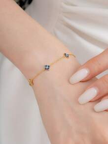 BALMORA 1pc 925 Sterling Silver Elegant Cute Blue Flower Zirconia Chain Bracelet, Suitable For Women's Daily Wear, Friendly Gatherings Or As A Gift - Gold - View 5