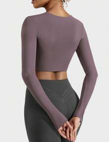 YEOREO Women's Square Neck Crop Top Workout Tops Long Sleeve Shirts Cropped T Shirts Women Cute Top - Deep Purple - View 4