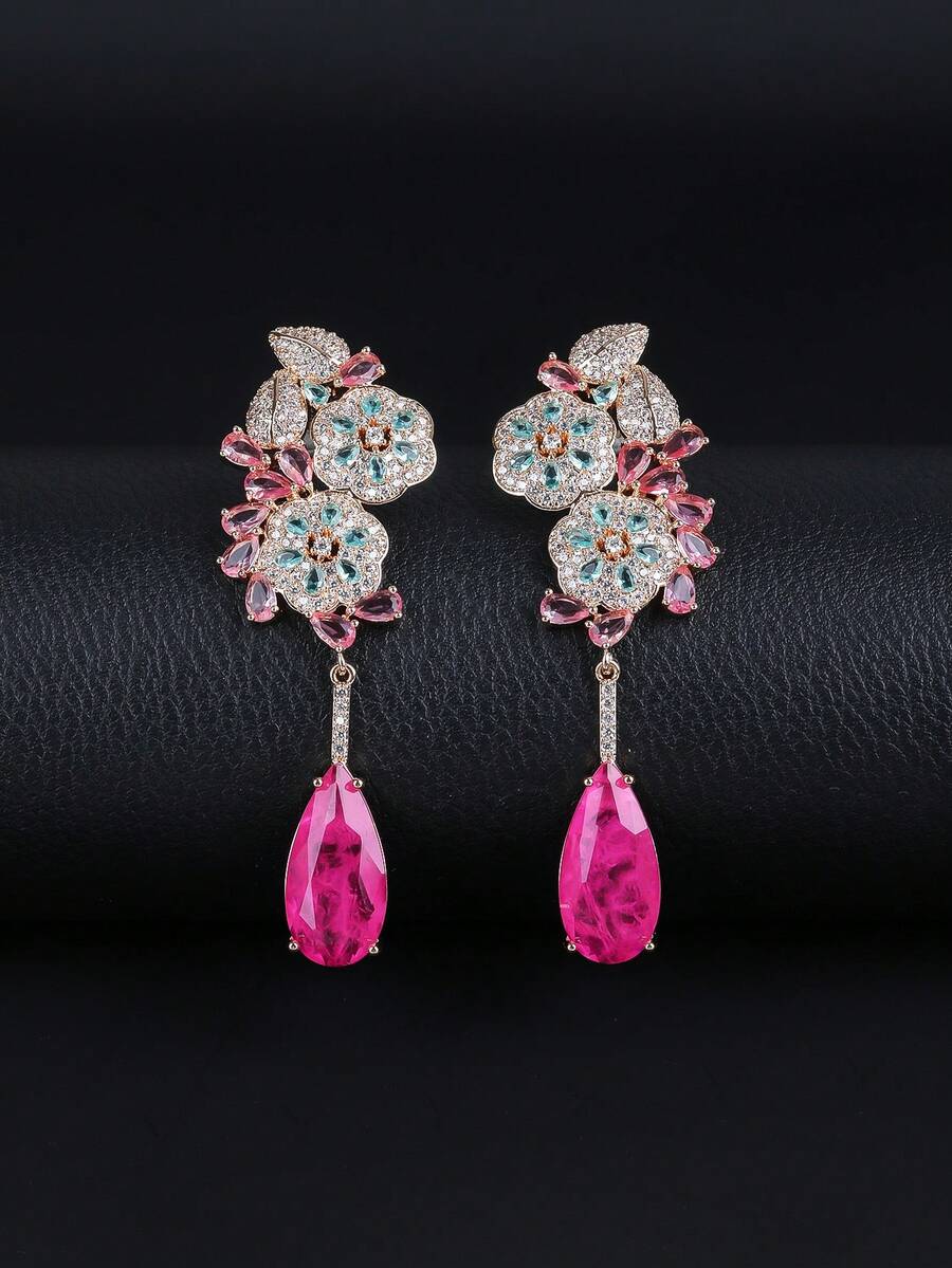 一对奢华珠宝风格长款垂坠耳环，镶嵌立方氧化锆，时尚水滴形垂坠耳环，适合搭配晚礼服，生日/节日礼物 - 垂墜式耳環 - 查看 1