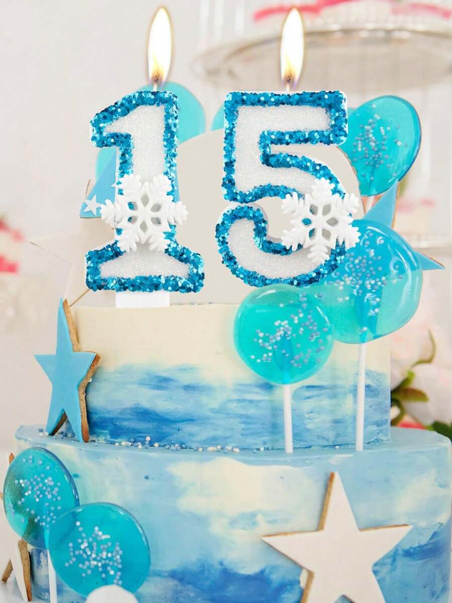 Bougies décoratives pour gâteau avec flocons de neige blancs à bordure bleue, cristaux et numéros 0-9 pour anniversaire, anniversaire, fête d'anniversaire, thème de Noël