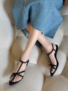 2025 法国皮革尖头坡跟时尚简约绑带优雅高跟凉鞋，女士款 - 黑色 - 查看 4