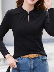 Autumn/Winter New Women's Chinese Style Button Fleece Top, Retro Elegant Fitted Base Shirt - Black - View 4