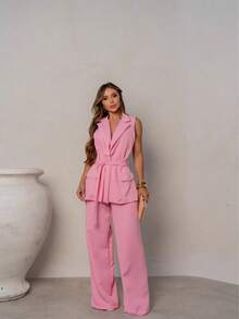 Tailored Set Of Vest And Pants With Wonderful Belt - Rosa Pálido - Ver 1