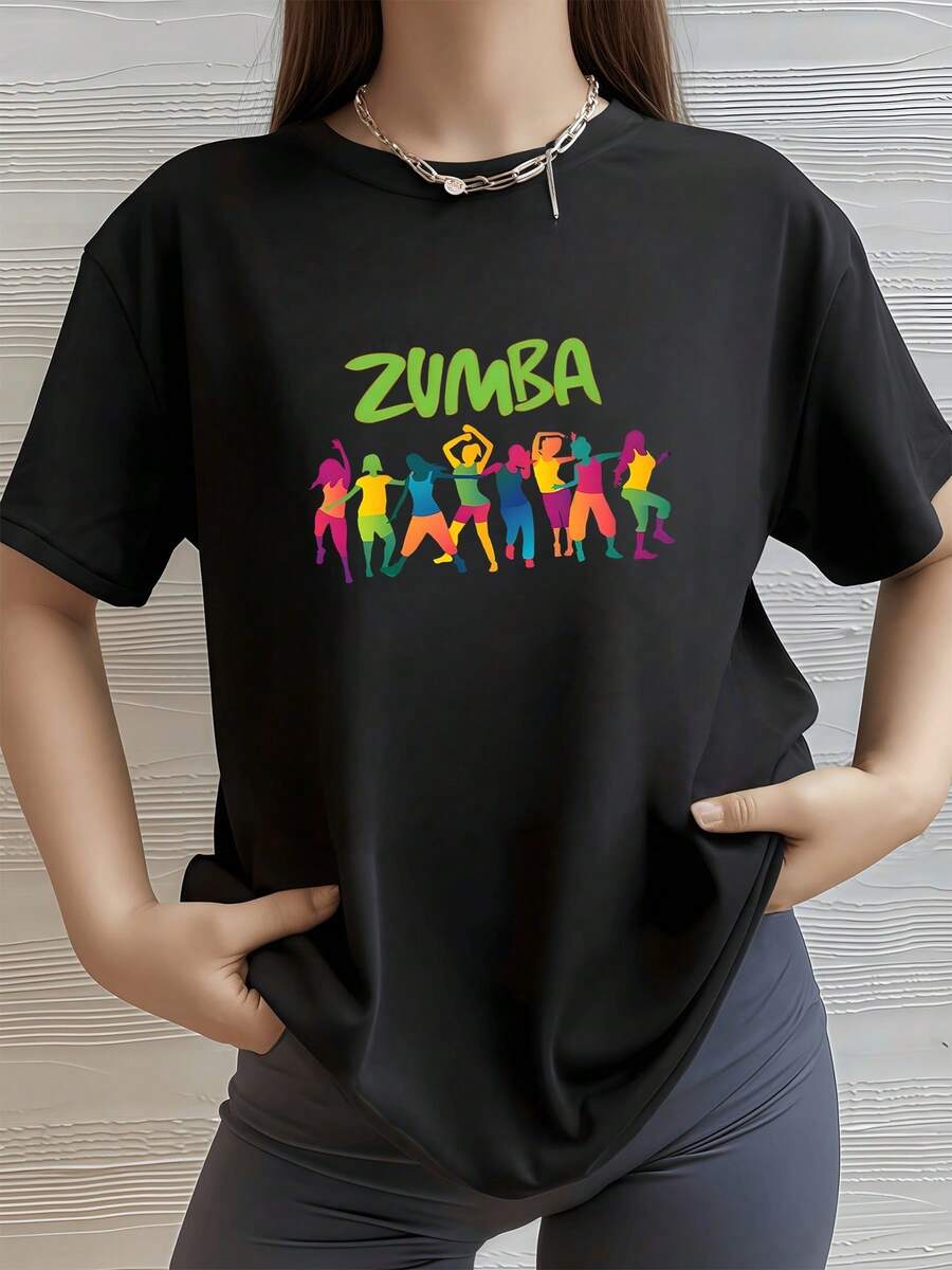 Zumba Camisa de T con estampado digital de 220 gramos Zumba Fitness 1 unidad de 100% algodón puro Estilo urbano Camiseta casual de manga corta para mujer de talla grande - Negro - Ver 1