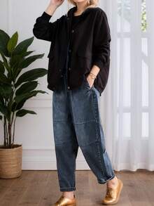2025 New Women's Retro Loose Harem Pants, Street Style, Versatile Drawstring Comfortable Jeans, Machine Washable, Suitable For Daily Wear - 深藍色 - 查看 5