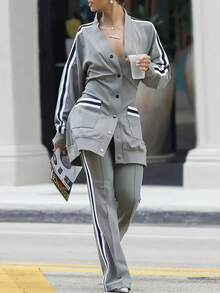 Women's New Versatile Fashion Side Stripe Casual Two-Piece Suit, Long Sleeve Round Neck Snap Button Belt Pocket Jacket And Waist Casual Wide-Leg Pants, Machine Washable, Suitable For Daily Wear - 灰色 - 查看 1