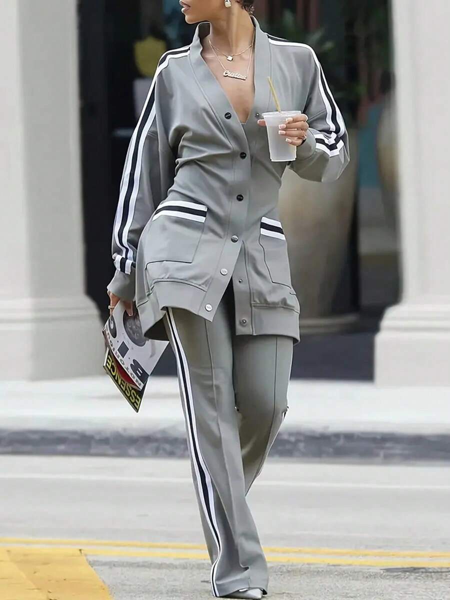 Women's New Versatile Fashion Side Stripe Casual Two-Piece Suit, Long Sleeve Round Neck Snap Button Belt Pocket Jacket And Waist Casual Wide-Leg Pants, Machine Washable, Suitable For Daily Wear - 灰色 - 查看 1