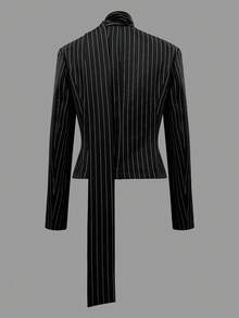 Áo khoác blazer kẻ sọc thanh lịch dành cho nữ, áo khoác ngoài sang trọng tay dài cổ chữ V thắt khăn dành cho nữ màu đen mùa xuân - màu đen - Xem 3