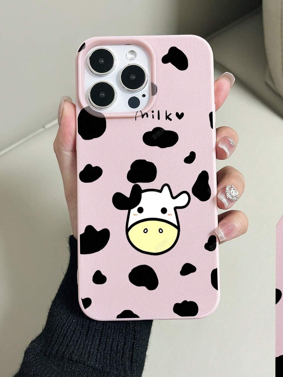 1pc Pink Large Pore Faux Leather Litchi Texture Painted Cow Pattern Anti-Drop Phone Case Compatible With IPhone 11/12/13/14/15/16 Pro Max