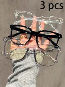 3 件装男女通用方形框架日常佩戴光学眼镜，校园风格修饰脸型防蓝光眼镜