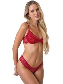 Lace Lingerie Set: Underwired Bra With Lining And Veronica Thong Panties - 紅色 - 查看 1