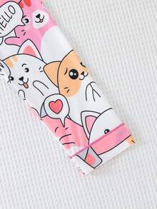 2pcs/Set Girls & Teens Casual Cartoon Cat Print Lapel Long Sleeve Cardigan And Pants Sleepwear Set, Flame Retardant, All Season